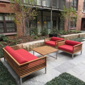 Jane Hamley Wells BEO_BO8015 modern outdoor square coffee table teak top stainless steel lifestyle_1