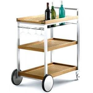 Jane Hamley Wells BIBI_BI4558 outdoor indoor wheeled serving cart teak shelves on stainless steel frame