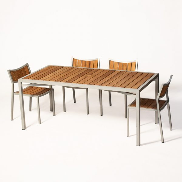 Jane Hamley Wells ELLA_150354_150320 outdoor rectangle dining table with chairs teak top umbrella hole powder-coated frame group_1