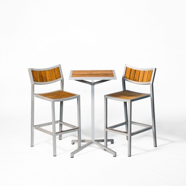 Jane Hamley Wells ELLA_150356_150330 modern outdoor square high bar table and stools teak top powder-coated frame