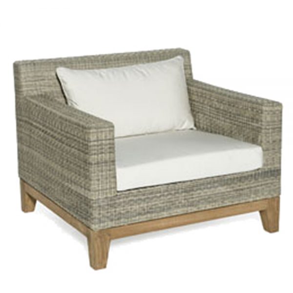 Jane Hamley Wells EYESEA_DOVRLC01_A modern luxury all-weather wicker rattan and teak lounge chair with upholstered cushions