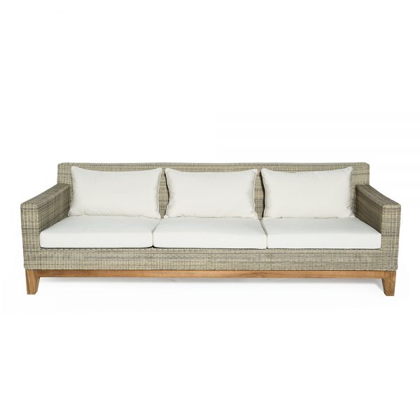 Jane Hamley Wells EYESEA_DOVRLC03_A modern luxury all-weather wicker rattan and teak 3-Person lounge sofa with upholstered seat cushions back pillows