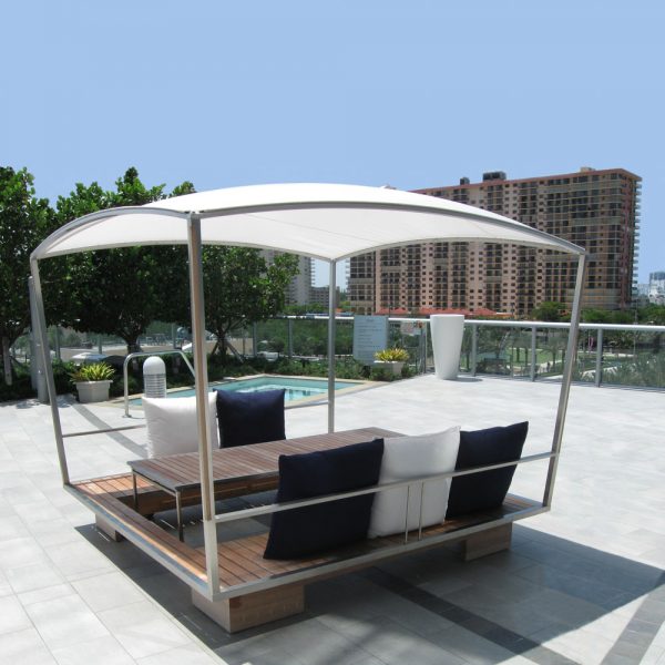 Jane Hamley Wells GAZE_GZ49 movable modern outdoor sun solar shade gazebo with table teak stainless steel lifestyle_2