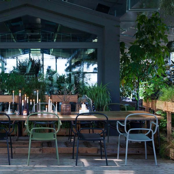 Jane Hamley Wells MOYO stacking indoor outdoor café dining armchair powder-coated steel lifestyle_2