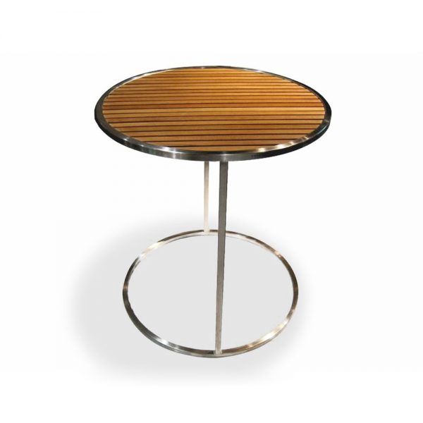 Jane Hamley Wells MU_MU8550_A modern outdoor round side table teak top stainless steel legs
