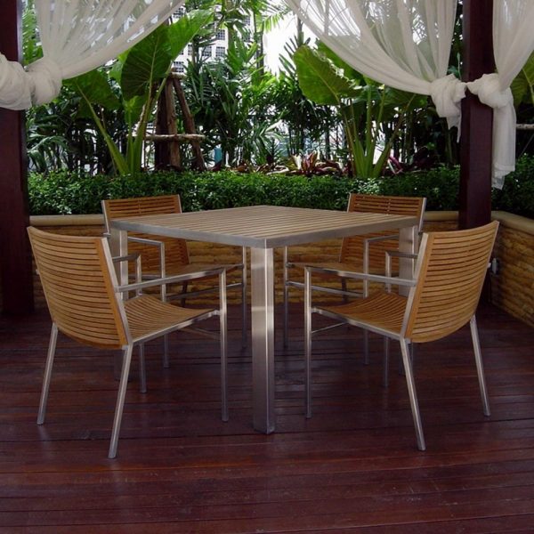 Jane Hamley Wells TAJI_TJ8545_Lifestyle_1 modern outdoor square dining table teak top stainless steel legs